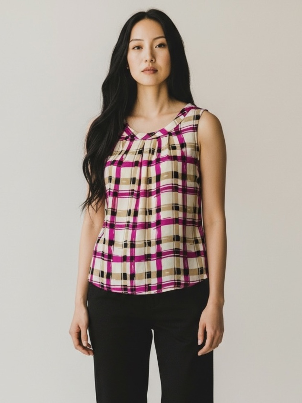 2/$30 Talbots Sleeveless Cotton Blouse Top in Pink and Tan plaid SZ 8